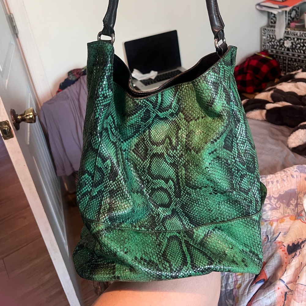 FURLA Snake embossed Italian Leather Tote shoulder Bag - Green